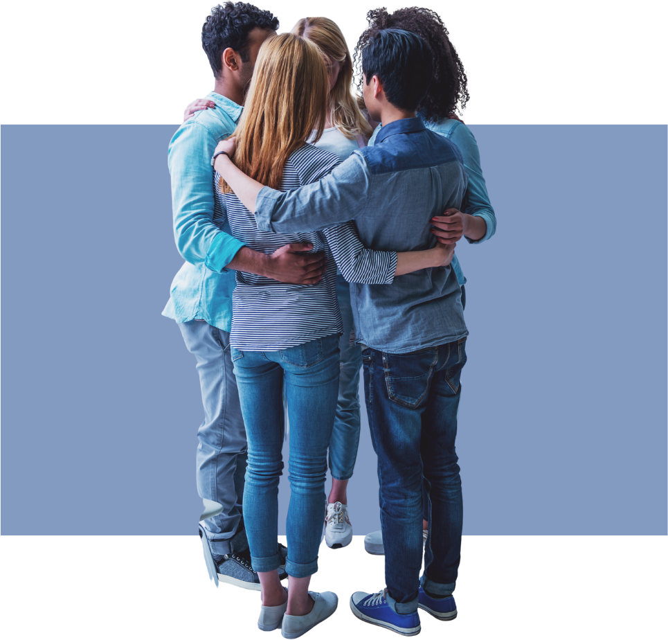 group hug with blue background