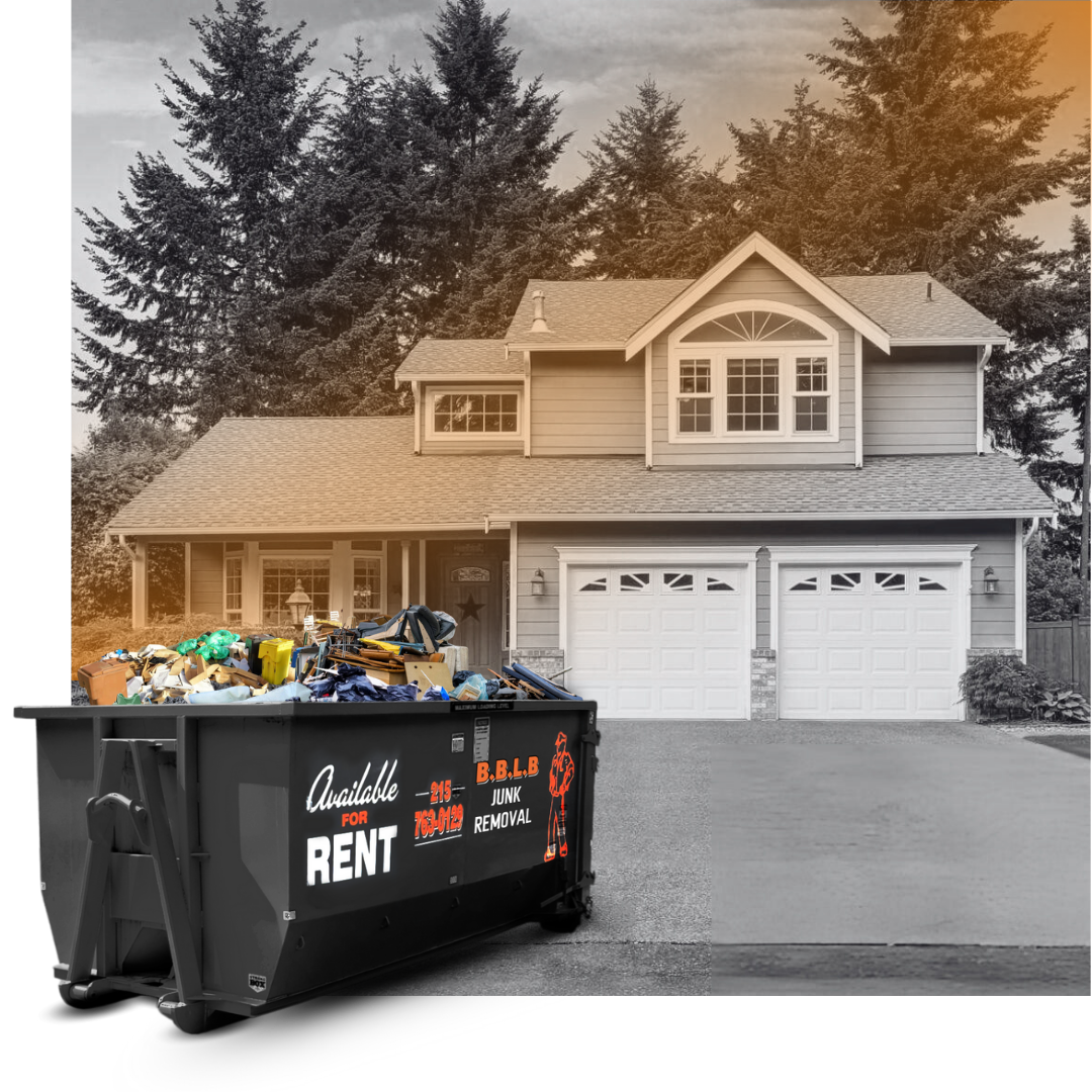 BBLB dumpster truck in front of a house