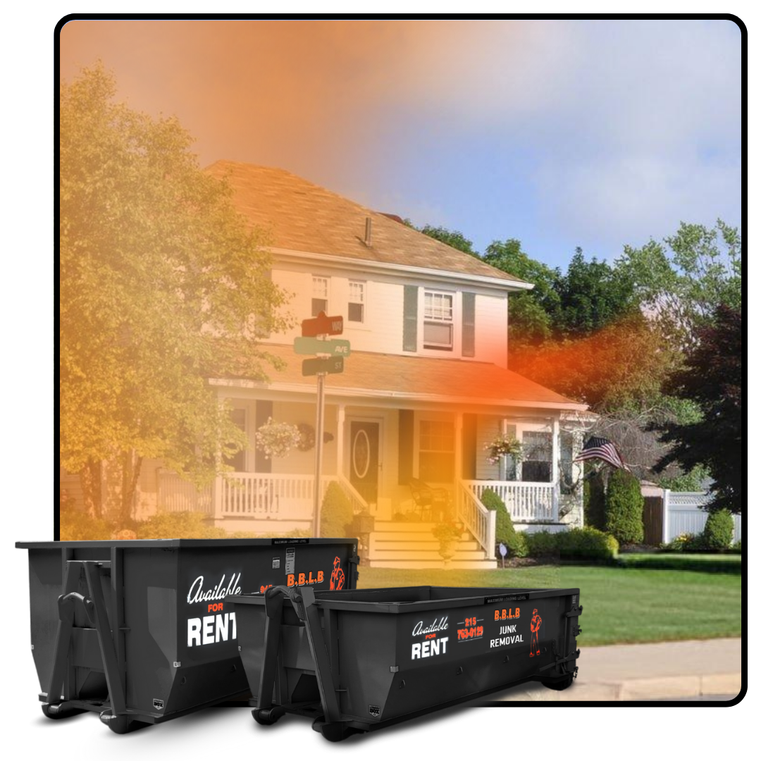 Two dumpsters in front of a house