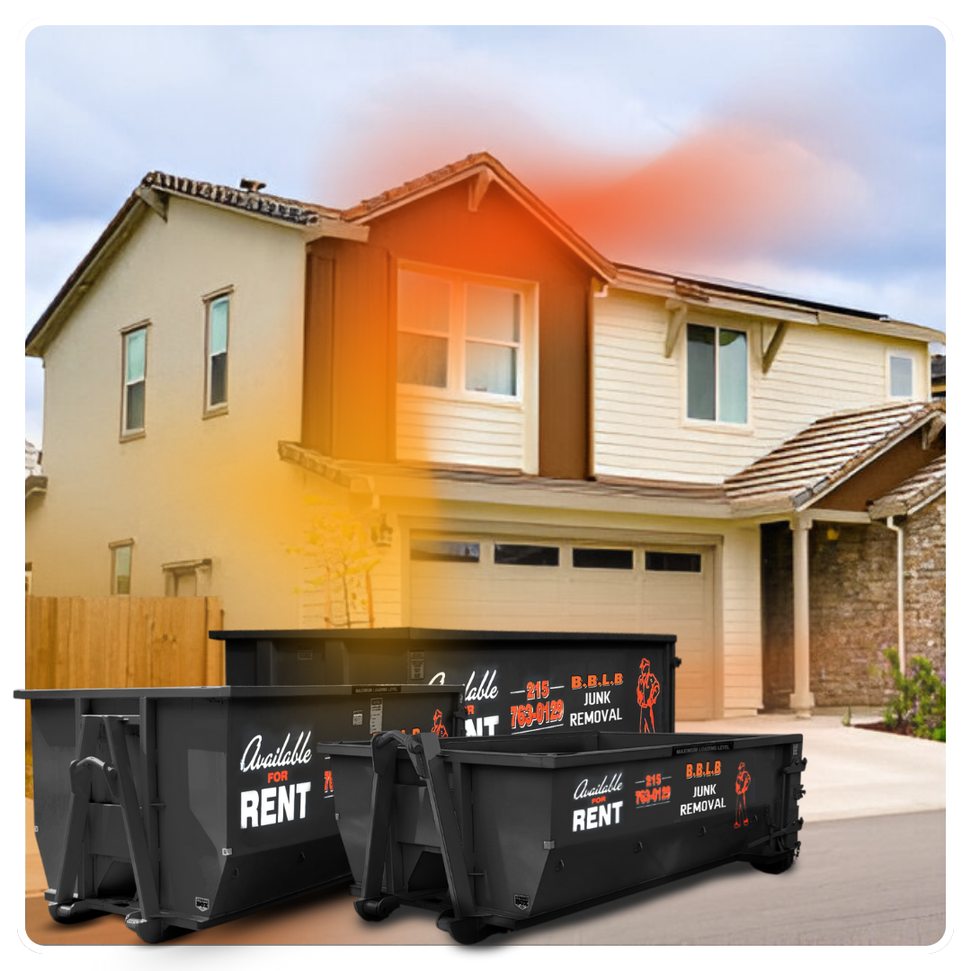 Three BBLB dumpsters in front of a house