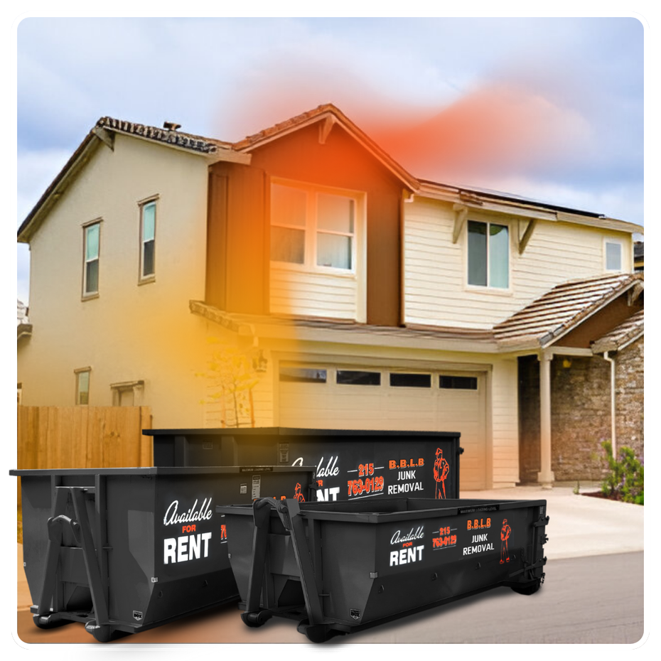 Three BBLB dumpsters in front of a house
