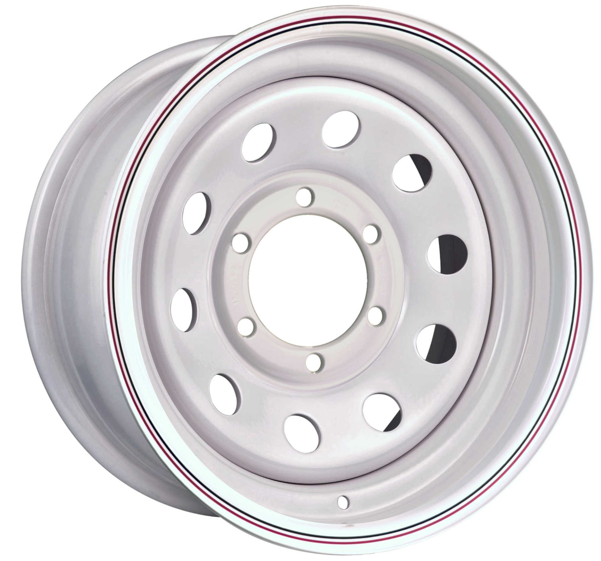 A white wheel with holes in it and a red rim