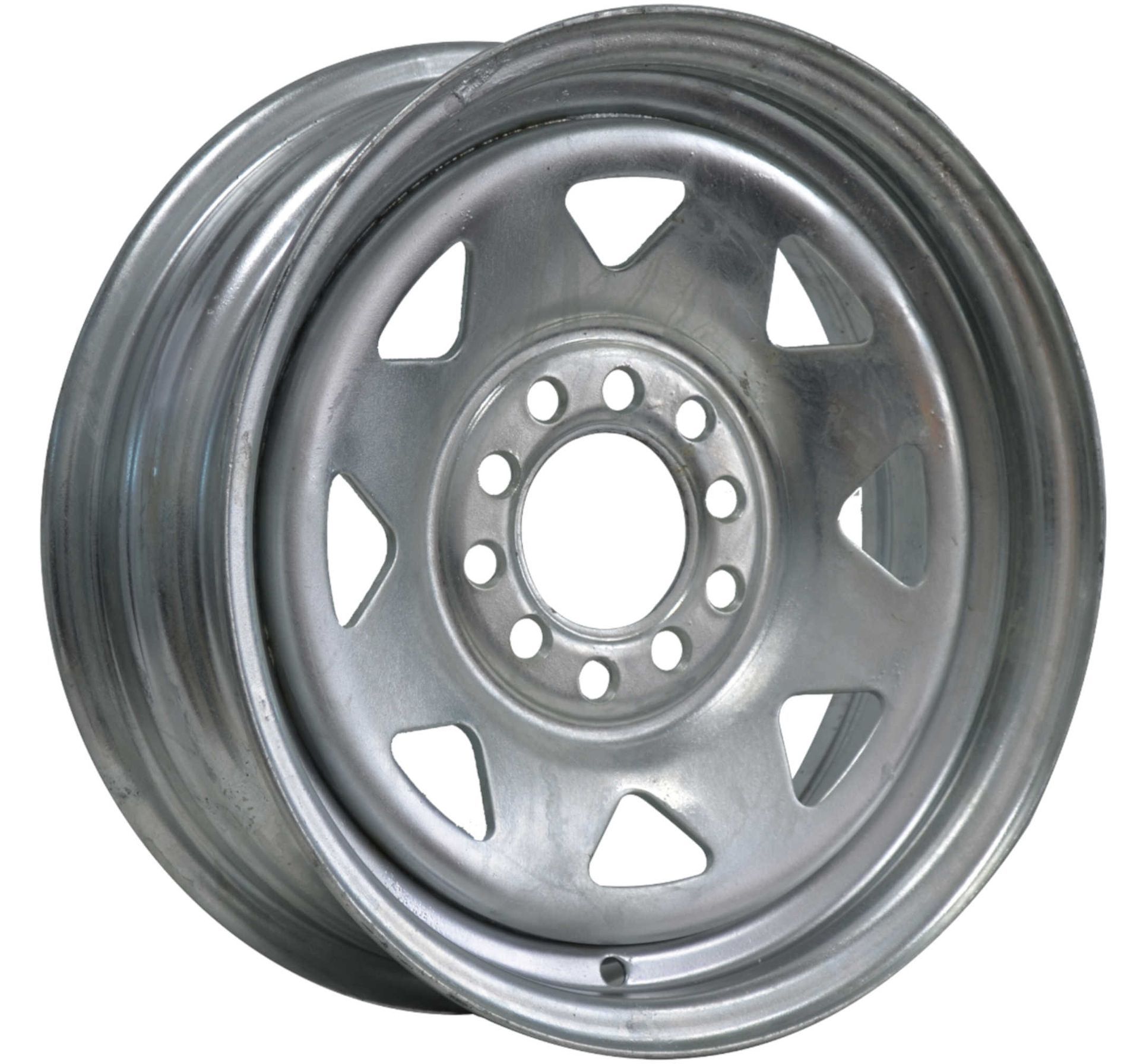 A close up of a silver wheel on a white background