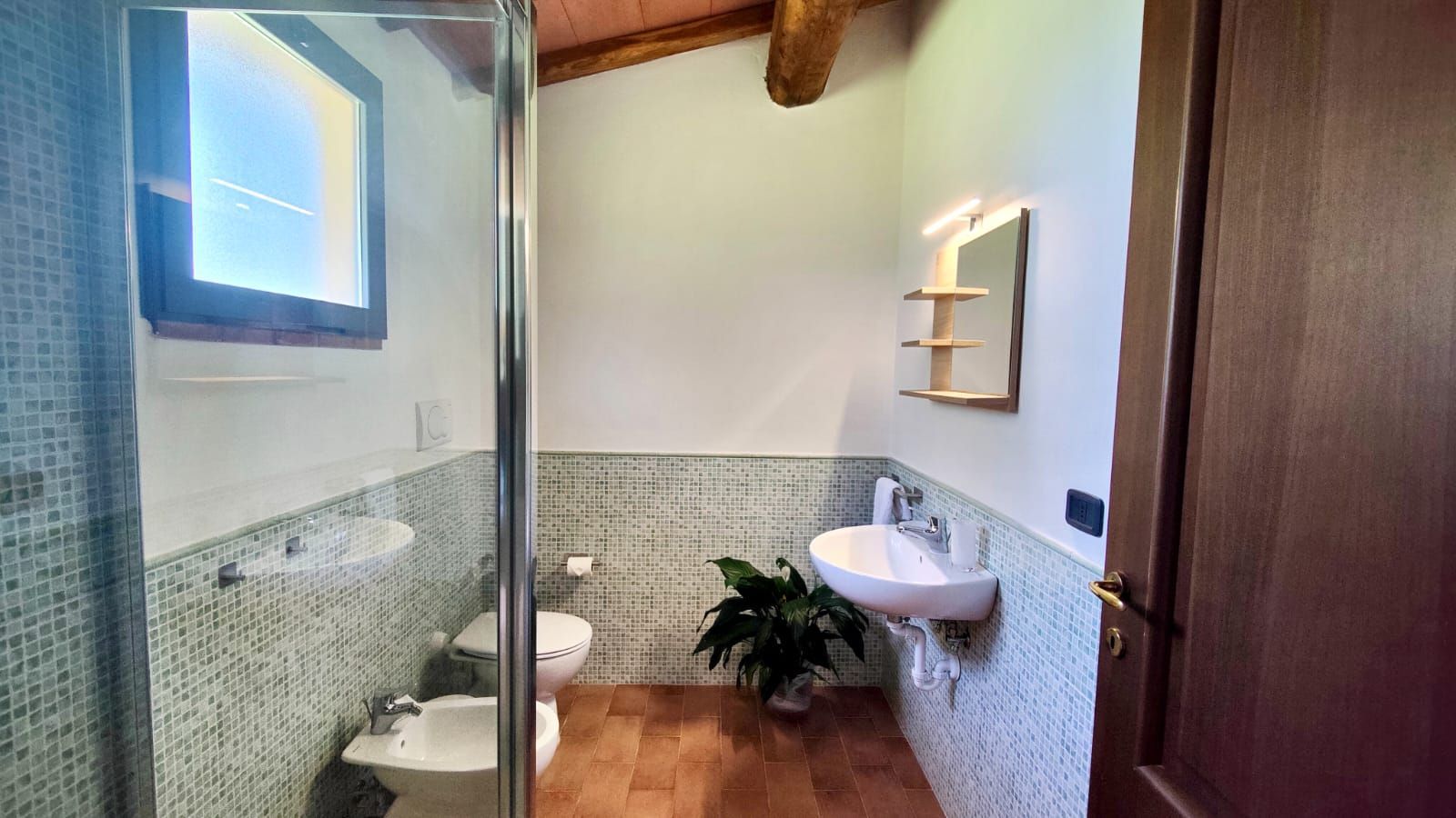 Modern bathroom with exposed wooden ceiling beams and brown tiled walls and floor. A glass-enclosed shower occupies one corner; opposite, a wall-mounted sink sits beneath a rectangular mirror flanked by two small shelves. Next to the sink are a toilet and bidet. A small potted plant rests on the floor below a frosted-glass window.