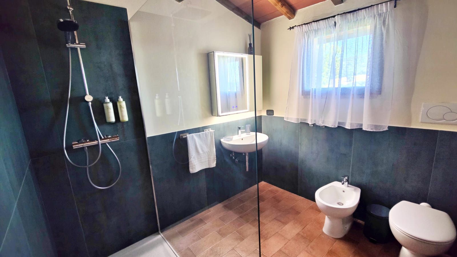 A bright, modern bathroom with a frameless glass shower enclosure featuring a rainfall showerhead and two wall-mounted toiletry bottles on the left; a white pedestal sink with a round mirror and towel hook in the centre; and a bidet and toilet beneath a window framed by sheer white curtains on the right. The lower walls are clad in muted green tile, the upper walls are light-painted, and the floor is covered in light brown tiles.