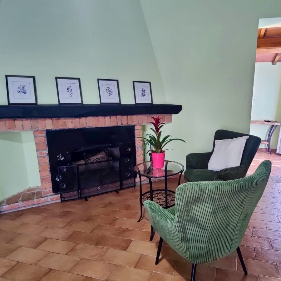 A cosy lounge area with mint green walls and a brick fireplace topped by four framed botanical prints. Two green upholstered chairs flank a small round glass table holding a potted plant with red flowers. To the right, a doorway opens into a sunlit room with a wooden ceiling and glass door. Several potted plants rest on the brown tiled floor near the fireplace.