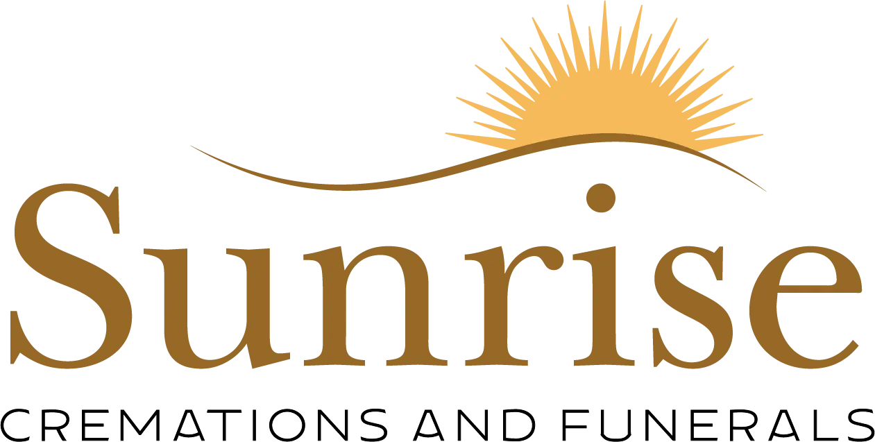 Sunrise Cremations and Funerals logo: golden sunrise over curved line, dark brown text.