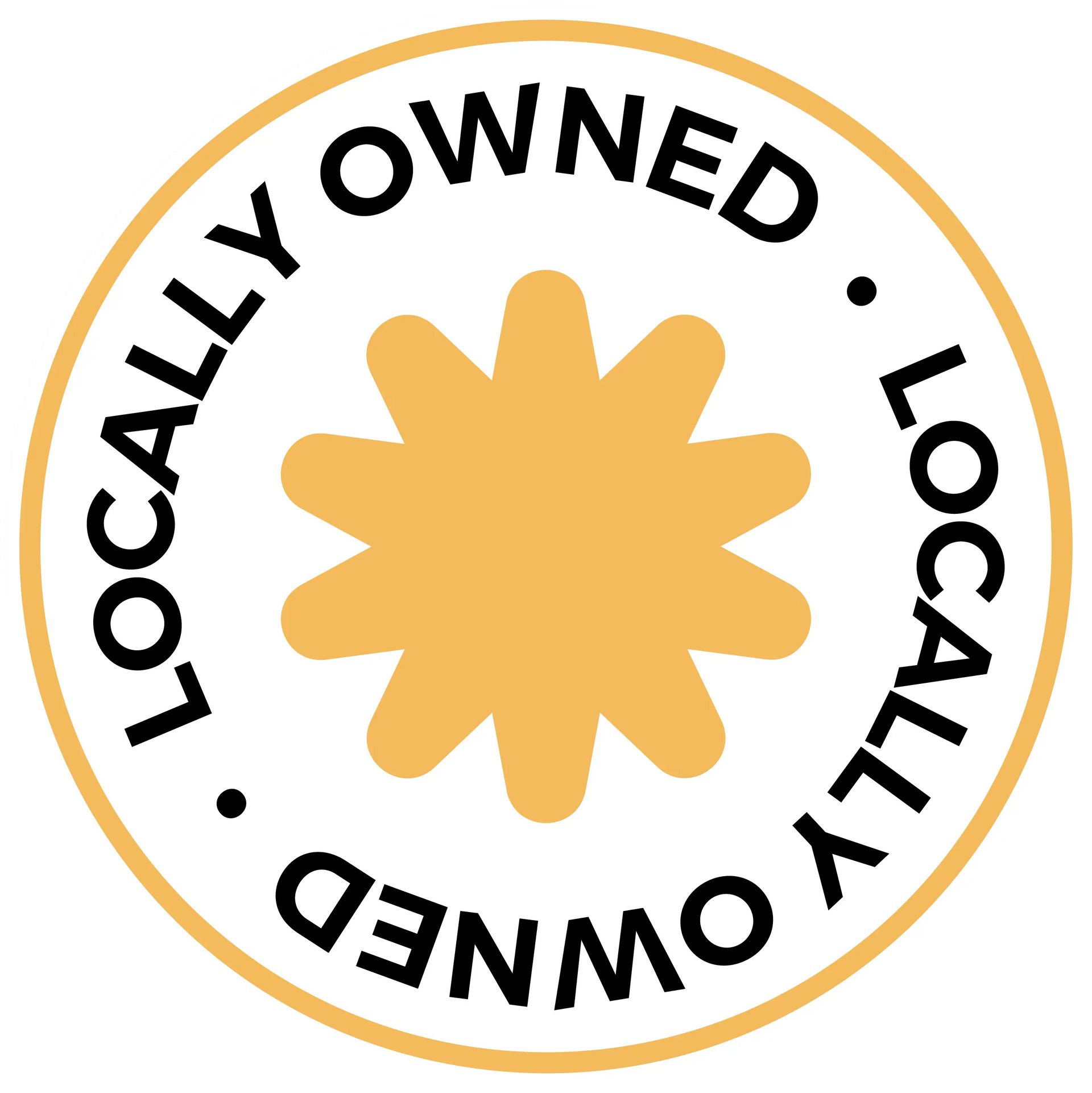 Tan and white circular badge with 