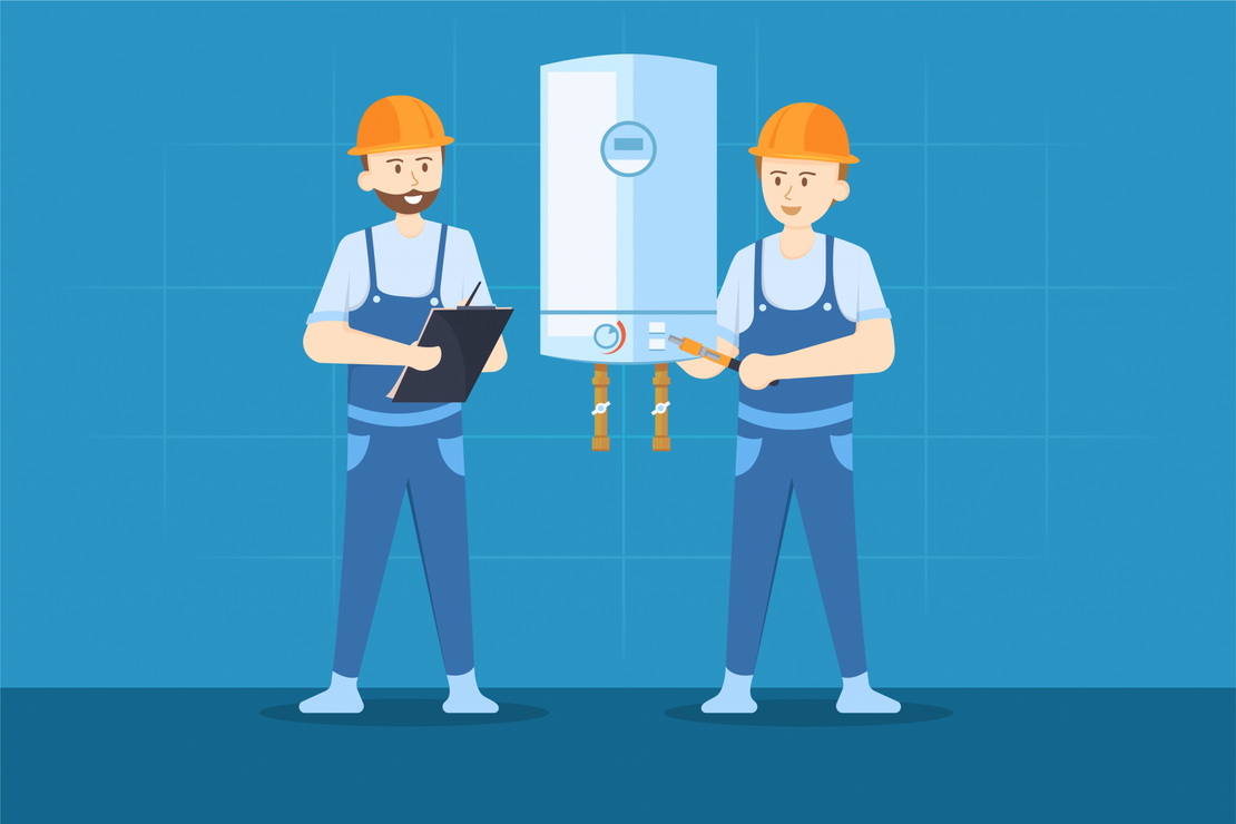 Deux hommes travaillent sur un chauffe-eau dans un style pixel art.