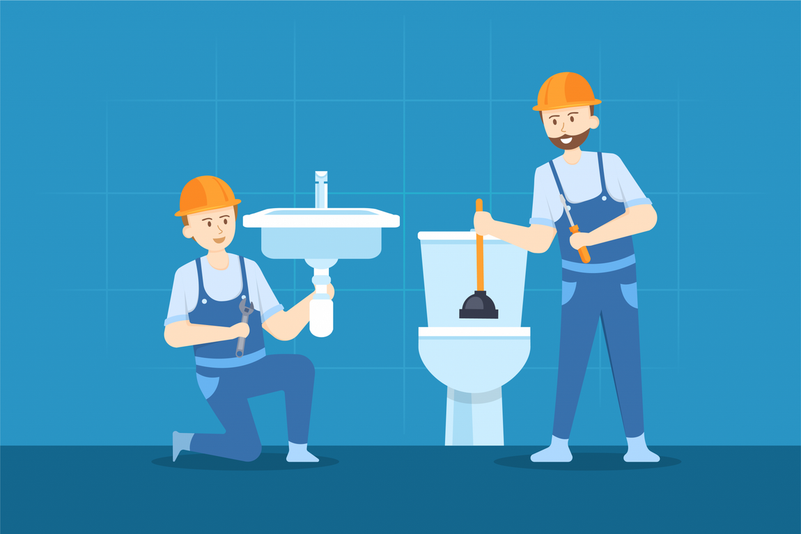 Un plombier répare un lavabo et des toilettes dans une salle de bain.