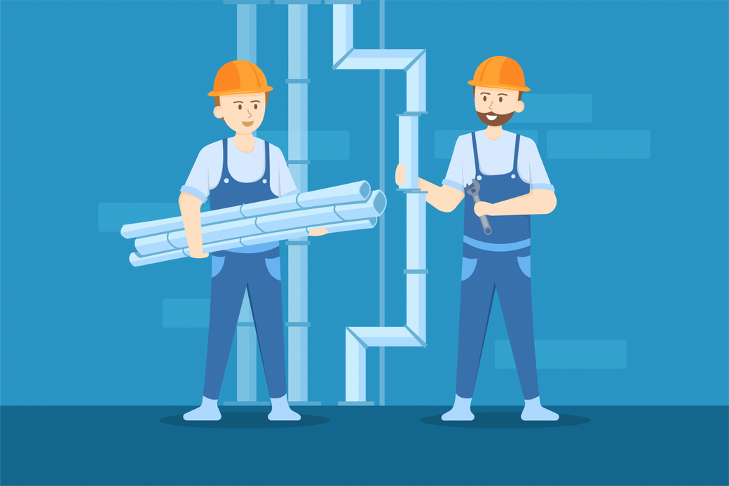 Deux ouvriers du bâtiment travaillent sur un tuyau dans un style pixel art.