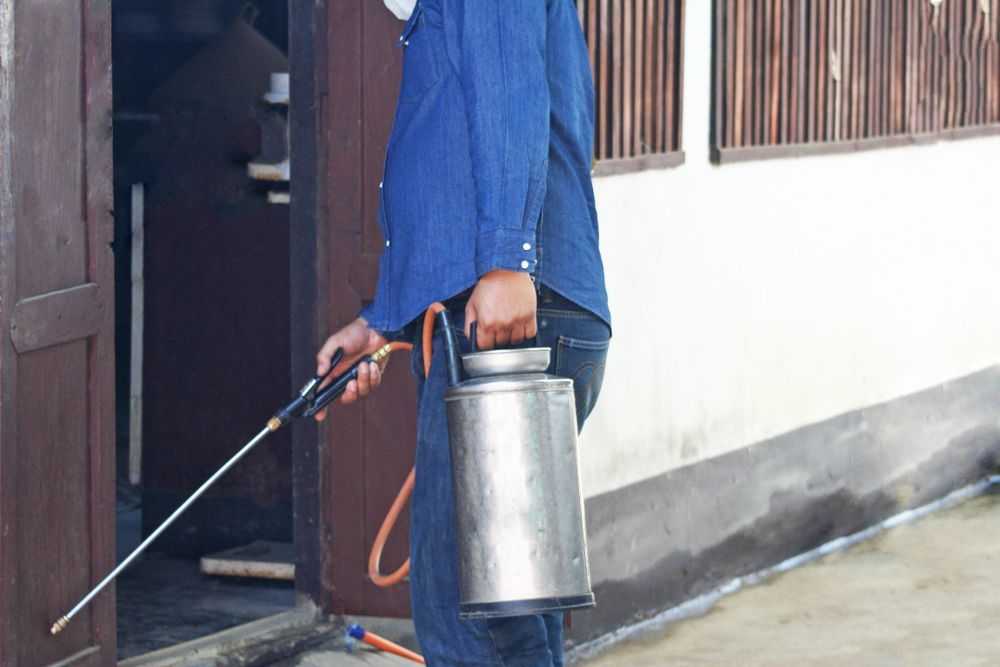 A Man in a Protective Suit and Mask is Spraying Chemicals in a Warehouse — Gomes and Son Pest Management in Brinsmead, QLD