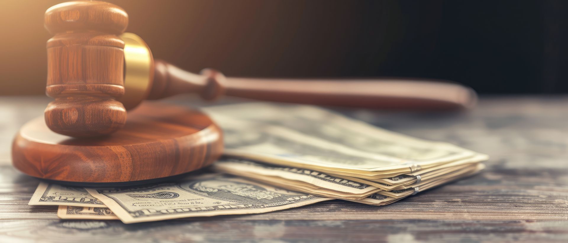 A wooden gavel on a stack of cash, representing 24-hour bail bonds services and legal assistance.