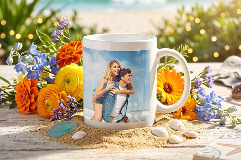 Une tasse à café blanche avec une photo d'un homme et d'une femme dessus