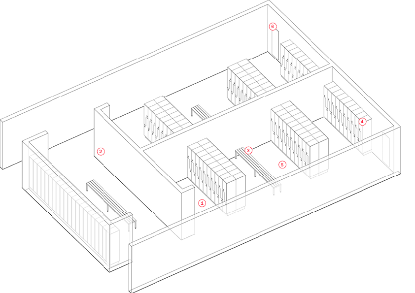 Change room axonometric indicating key components