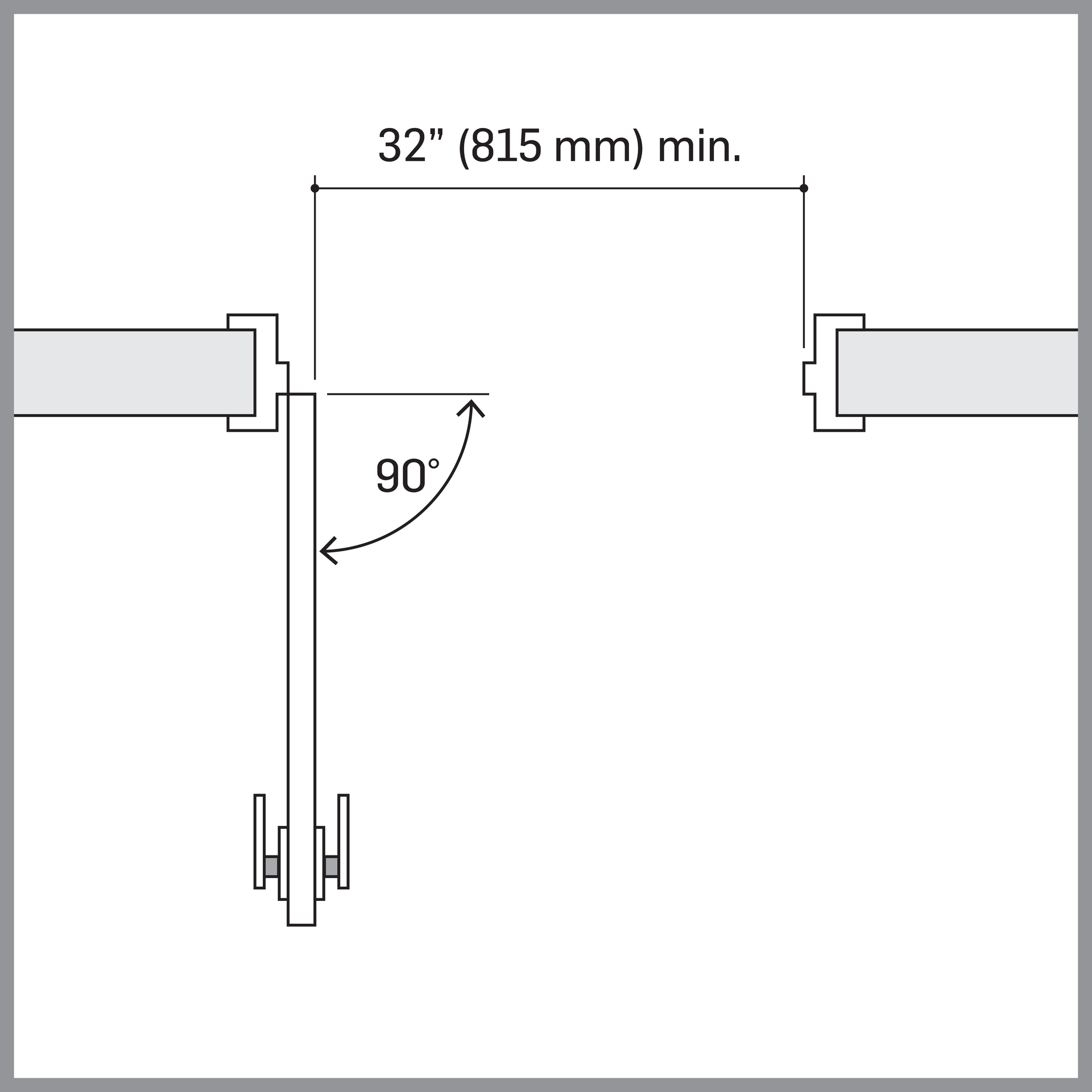 Accessibility architectural drawing outlining the minimum door clearance dimensions