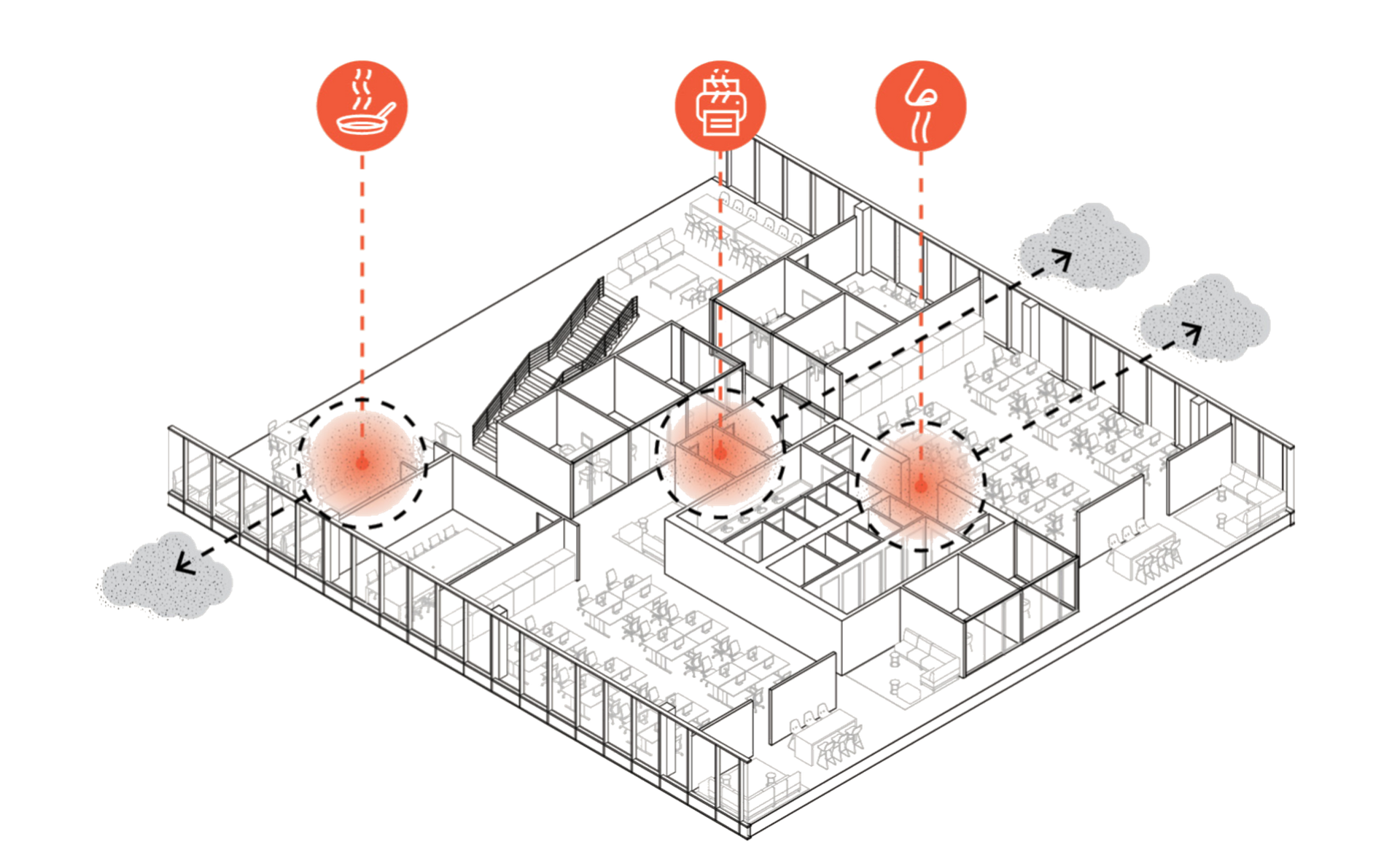 Architectural diagram showing a floorplan with highlighted zones for dedicated exhaust fans and facilities.