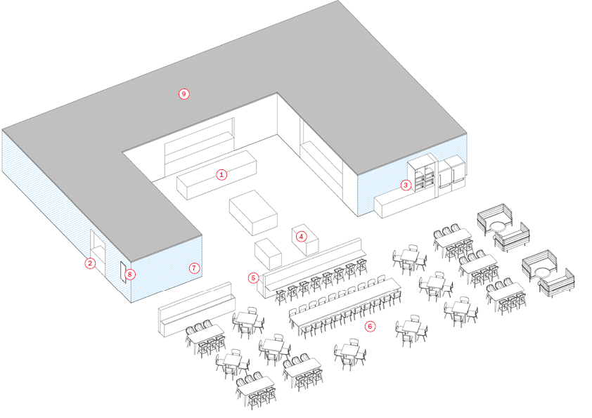 food hall axonometric indicating key components