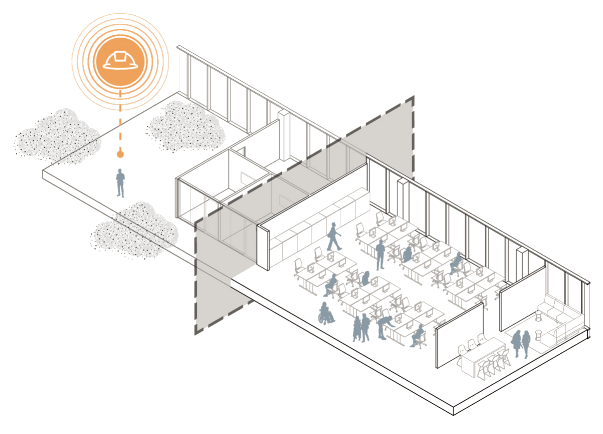 Architectural diagram describing air quality management between interior and exterior airflow