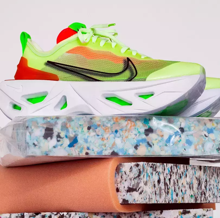 Image of recycled material with a Nike running shoe sitting on top of the samples