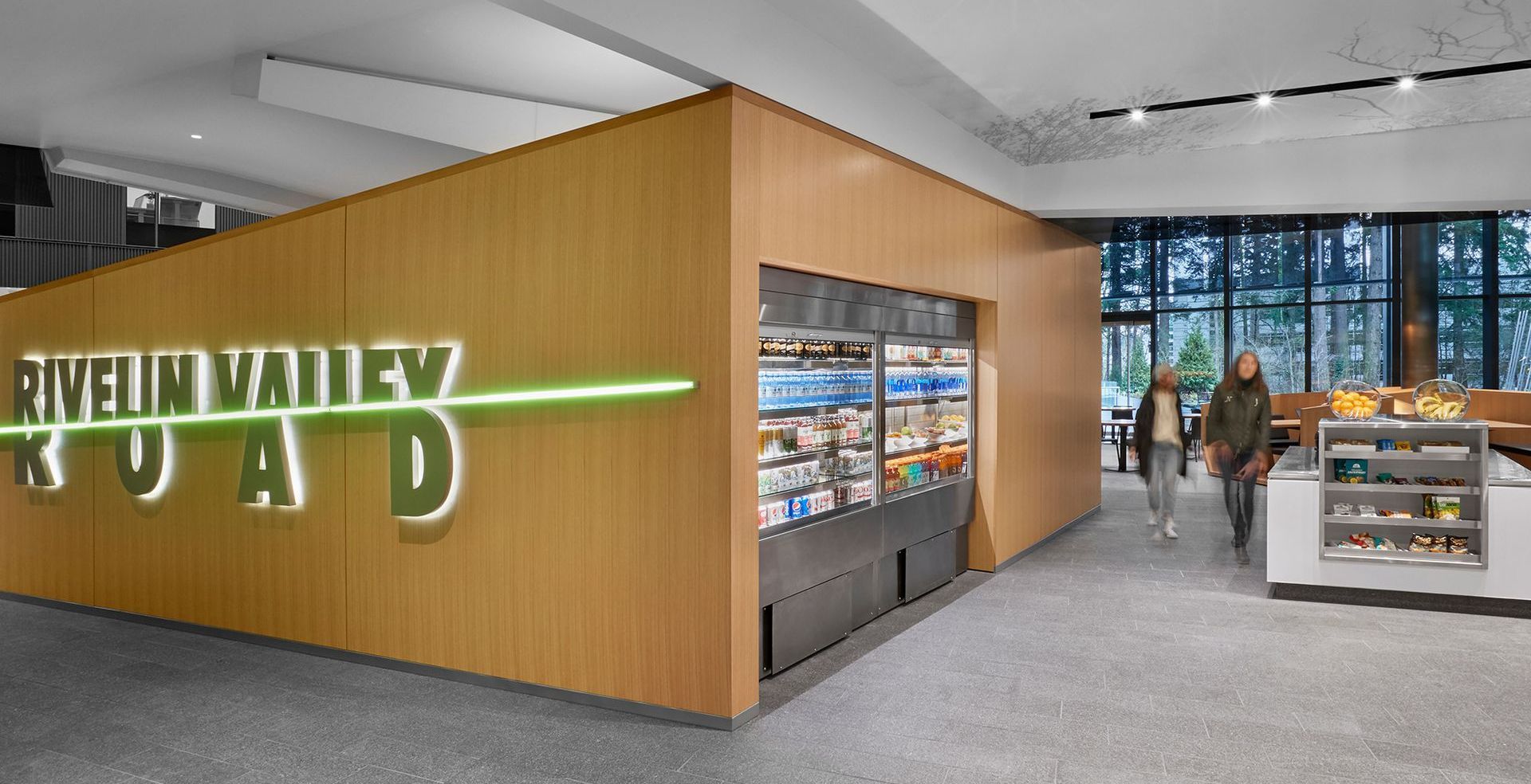 Interior of Nike campus service space with cold fridges and checkout booth