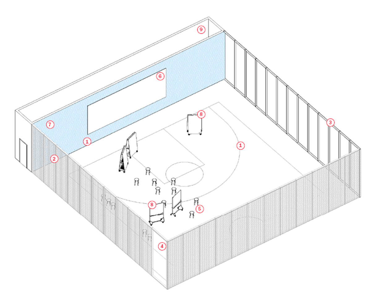 indoor sports court axonometric indicating key components