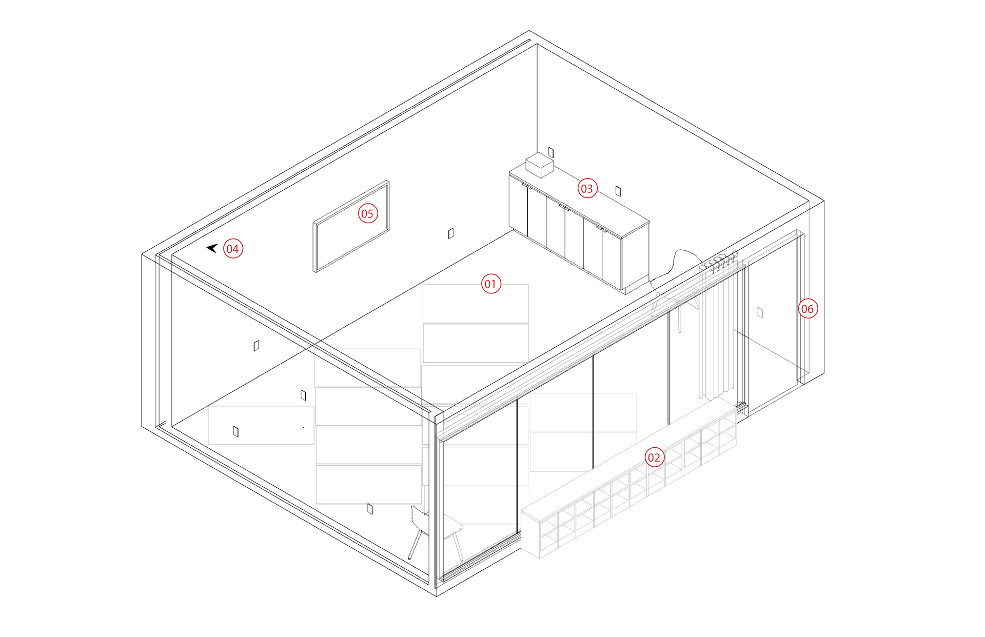 Group multi-faith room axonometric indicating key components