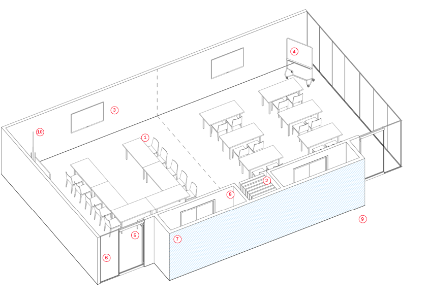 training room axonometric indicating key components