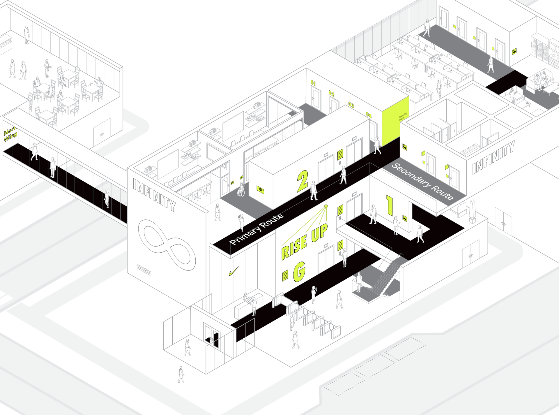 Architectural Diagram indicating moments in space where campus landscape and environmental design systems can be used and implemented.