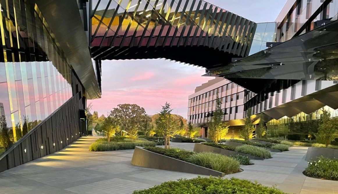 Exterior patio space with green spaces and trees at a Nike campus with a large glass architectural bridge joining two adjacent buildings.