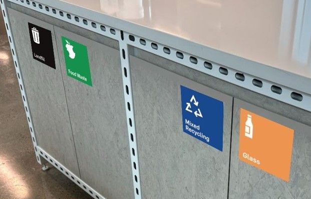 Colored signage on built-in bins indicating waste categories.