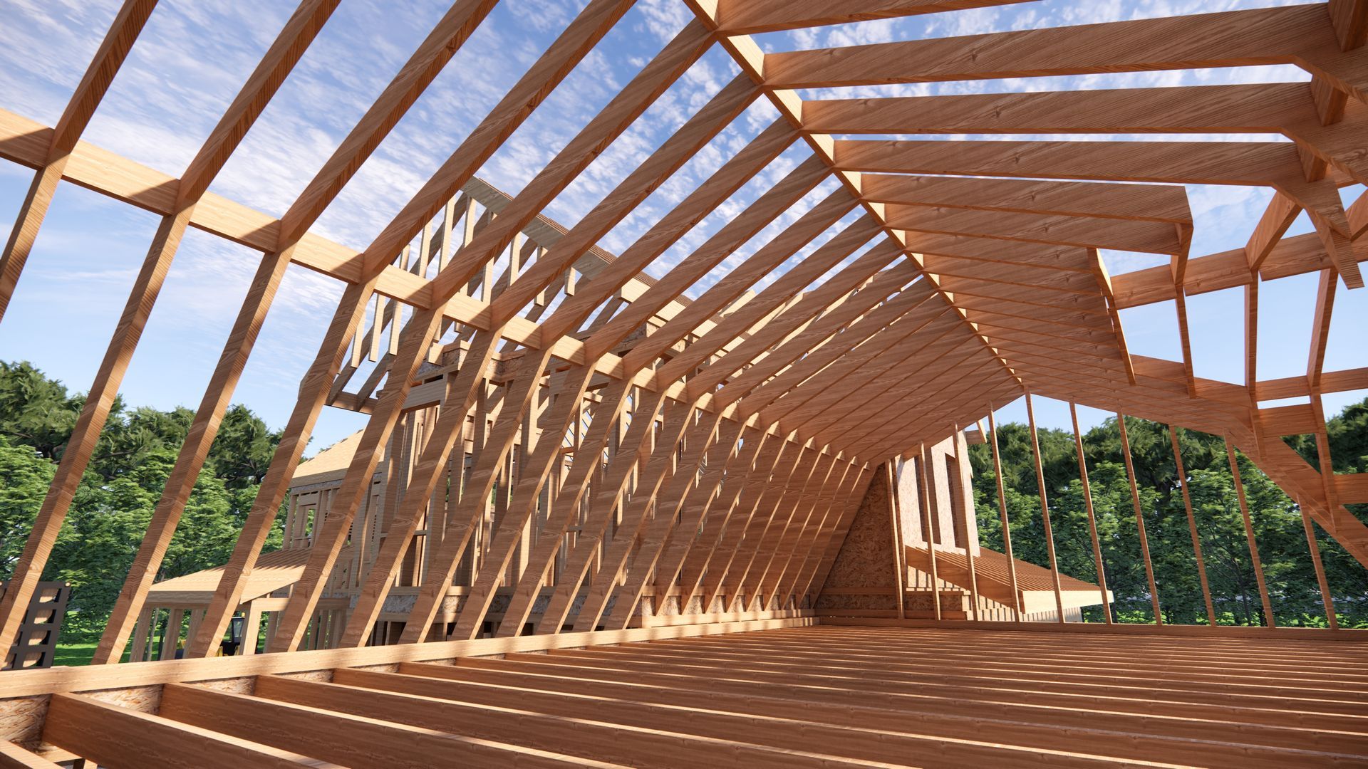 View of wood roof structure viewed from inside on a hose being constructed