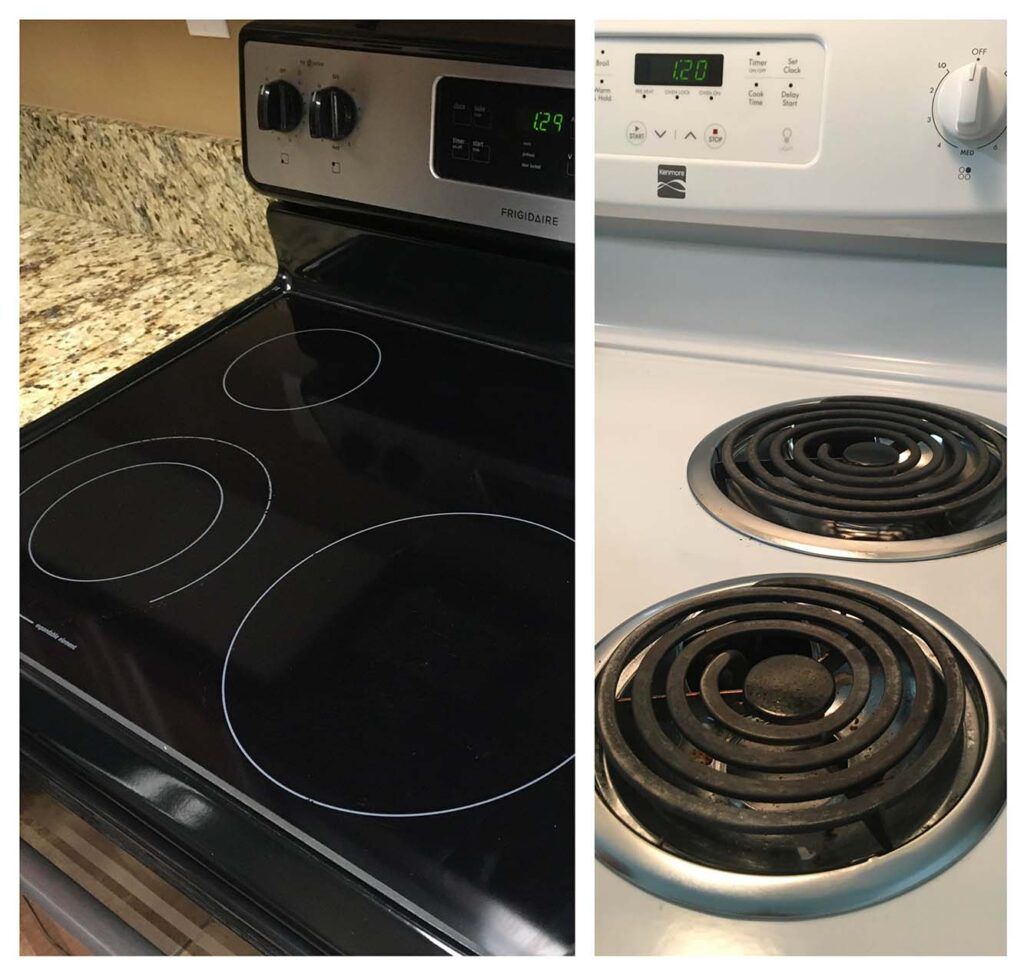 A black stove top next to a white stove top