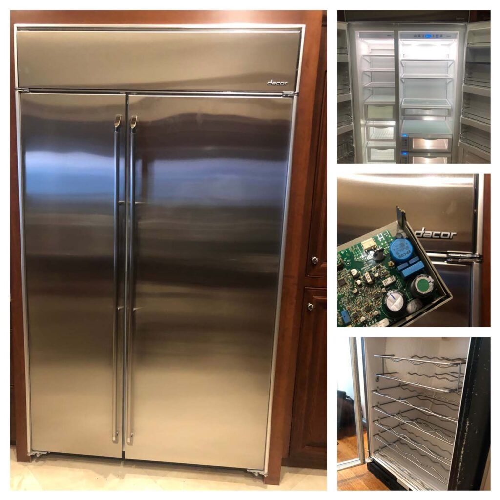A stainless steel refrigerator is sitting in a kitchen next to a wooden cabinet.