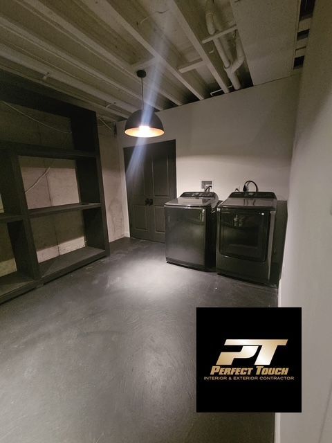 A picture of a laundry room with a perfect touch logo