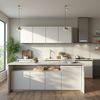 Modern white kitchen with island, cabinets, and a large window.