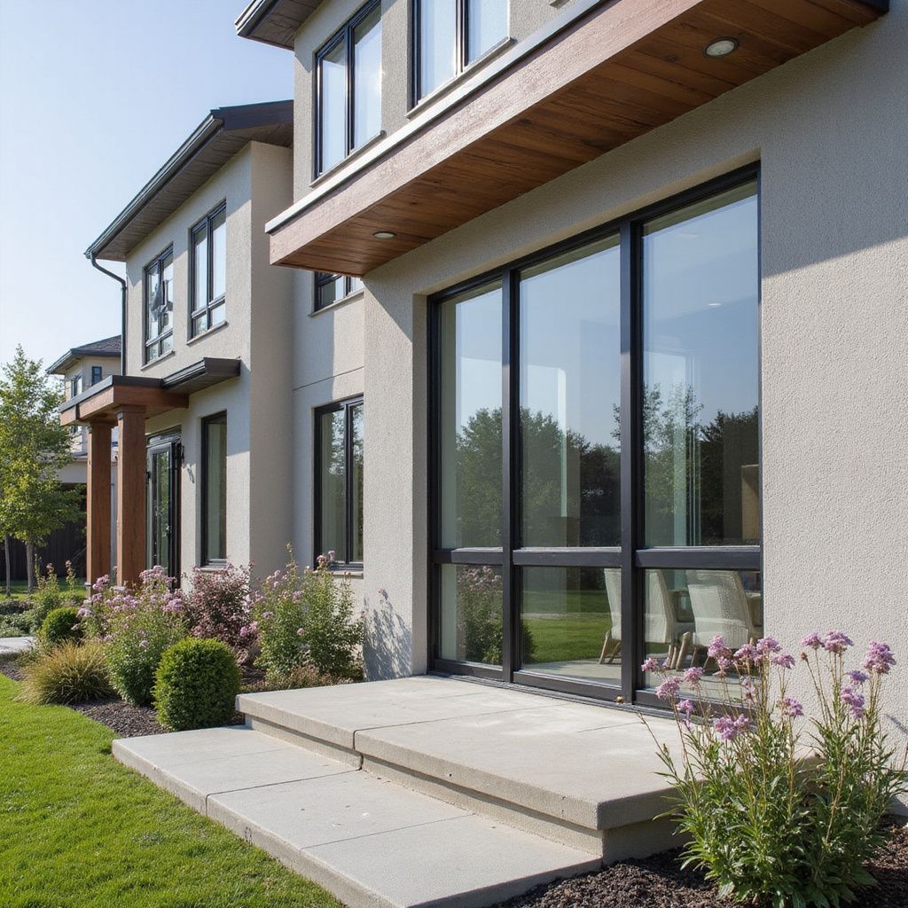 Modern house patio with large windows, stone steps, and landscaped shrubs in sunlight