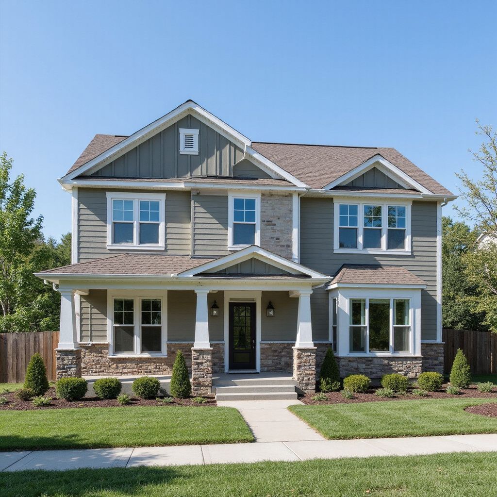 Two-story house with green siding, stone accents, and a front porch on a sunny day.