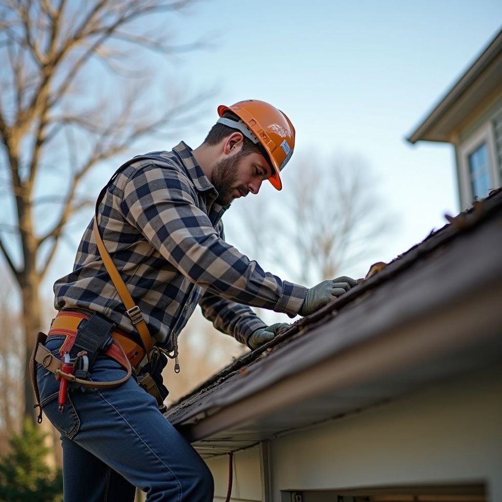 Roofer in orange helmet, wearing safety harness, on roof repairing gutter.