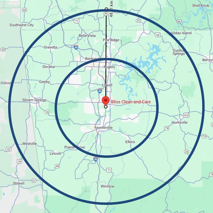 A map showing the location of bliss clean and care company Bentonville