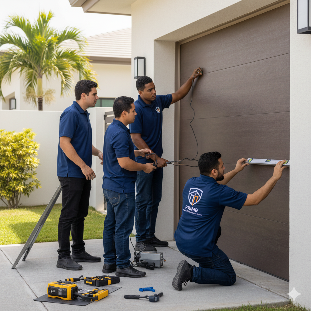 Four men installing a brown garage door; wearing matching blue shirts, sunny outdoor setting.