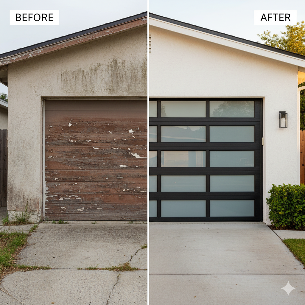 Before and after image of garage renovation: old, peeling wood door and stucco, new modern black glass door and white stucco.