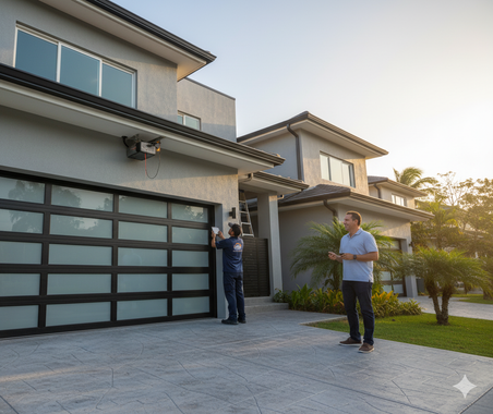Two men by a modern house with a glass garage door. One cleans the door, the other watches. Sunny day.