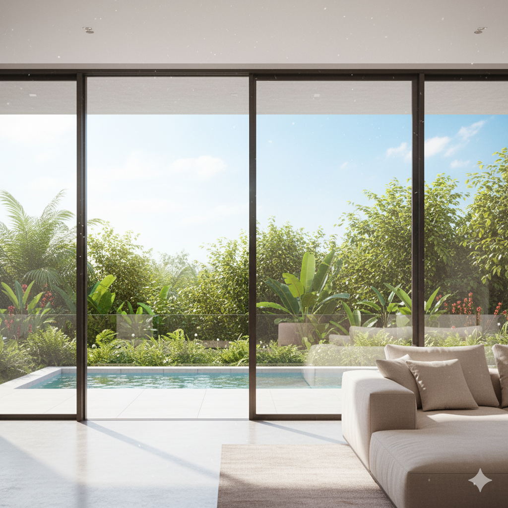 Modern living room with large windows overlooking a pool and lush greenery.