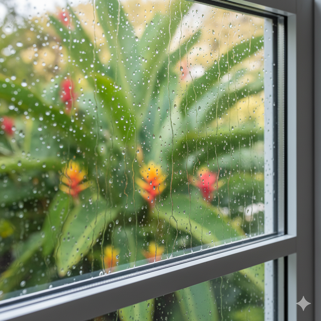 Rain-streaked window with view of lush green plants and colorful flowers outside.