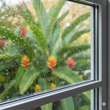 Rain-streaked window with view of lush green plants and colorful flowers outside.
