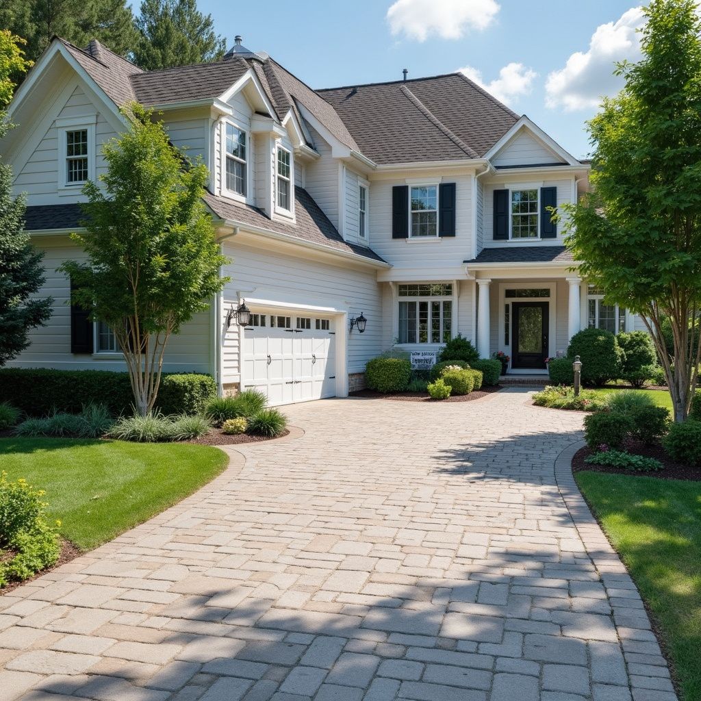 White house with black shutters, paved driveway, green lawn, trees, sunny day.