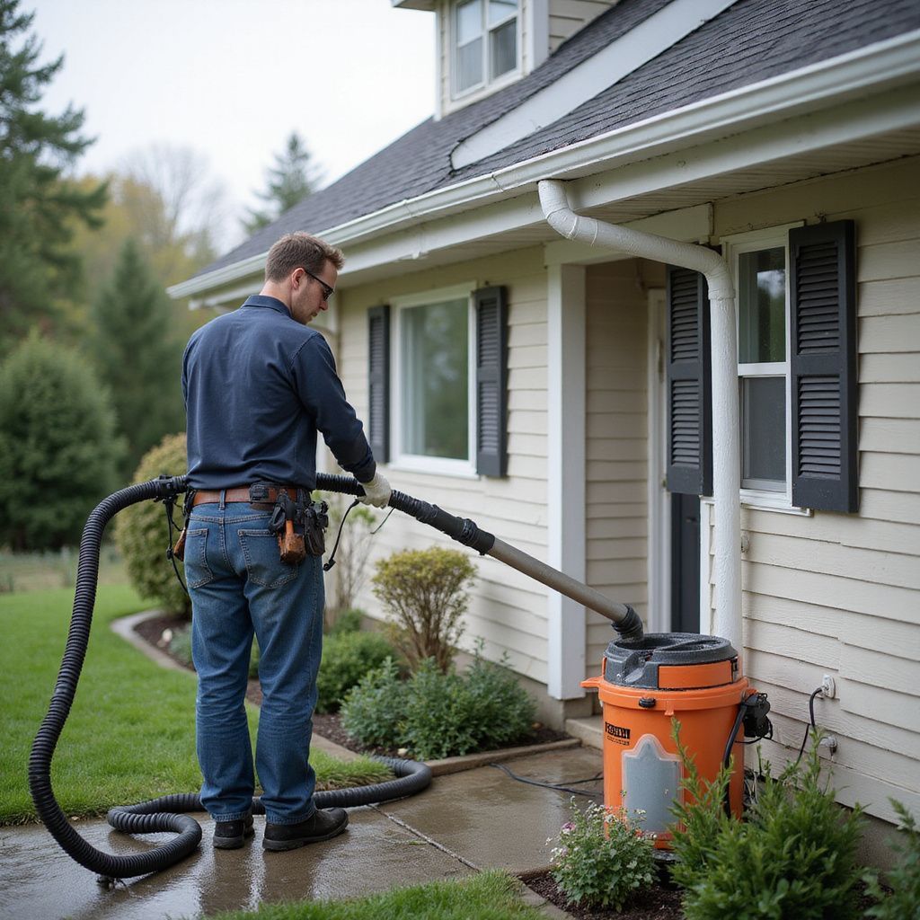 Man vacuuming insulation into a home's exterior wall. A black hose and orange vacuum are visible.