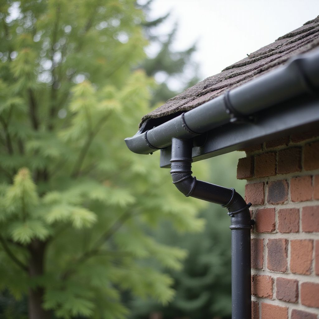 Black rain gutter and downspout on a brick building with a blurred green tree background.