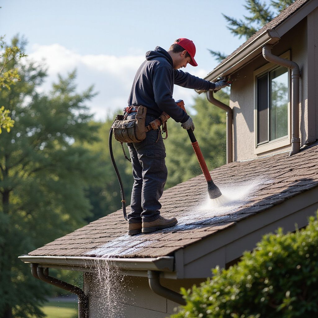 Person on a roof spraying cleaning solution. The roof is brown. He wears a red cap and grey outfit.